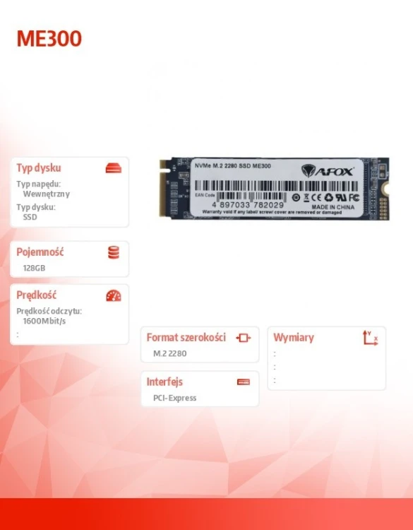 AFOX Dysk SSD ME300 M.2 PCI-Ex4 128GB TLC 1,6 GB/s NVMe