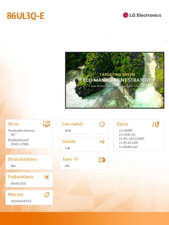 LG Electronics Monitor wielkoformatowy 86UL3Q-E 350cd/m2 UHD 16/7