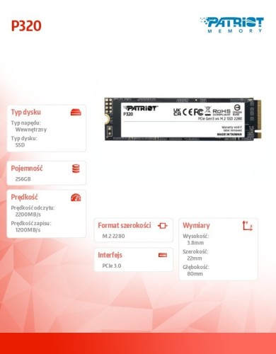 Patriot Dysk SSD 256GB P320 PCIe M.2 Gen3 x4 NVMe 2200/1200MB/s