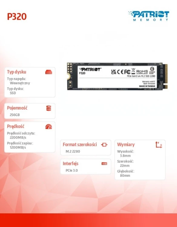 Patriot Dysk SSD 256GB P320 PCIe M.2 Gen3 x4 NVMe 2200/1200MB/s