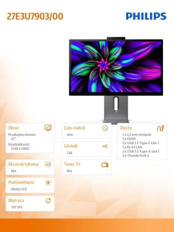 Philips Monitor 27E3U7903 27 cali IPS 5K Thunderbolt 4 RJ45 Pivot Głośniki