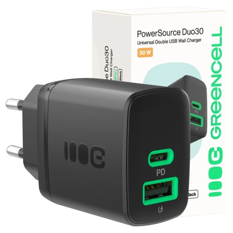 Green Cell Ładowarka sieciowa 30W 1xUSB-C 1xUSB-A czarna