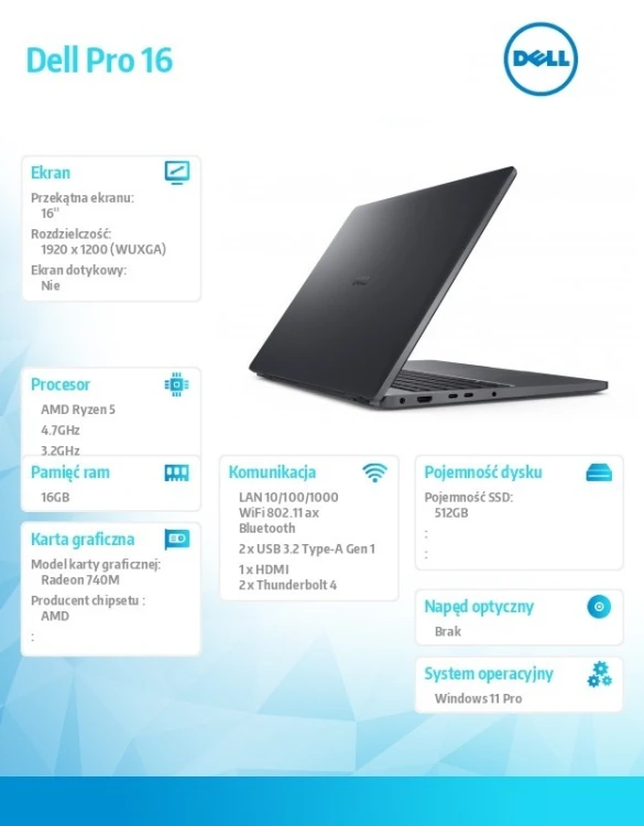 Dell Laptop Dell Pro 16 PC16255 W11P Ryzen 5 PRO 215/16GB/512GB CL25/FgPr/FHD IR Cam&Mic/WLAN+BT/16.0FHD+/BcklKb/3C/65W/3YPS Magnetite color, textured