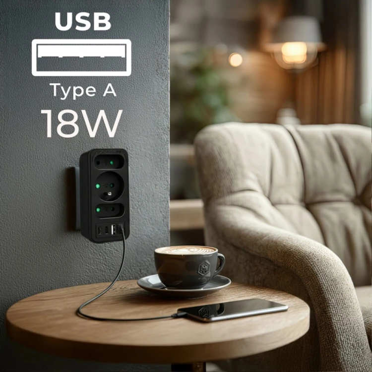 Maclean Rozdzielacz na 3 gniazdka MCE248 F/B 2xUSB-A 2xUSB-C czarny