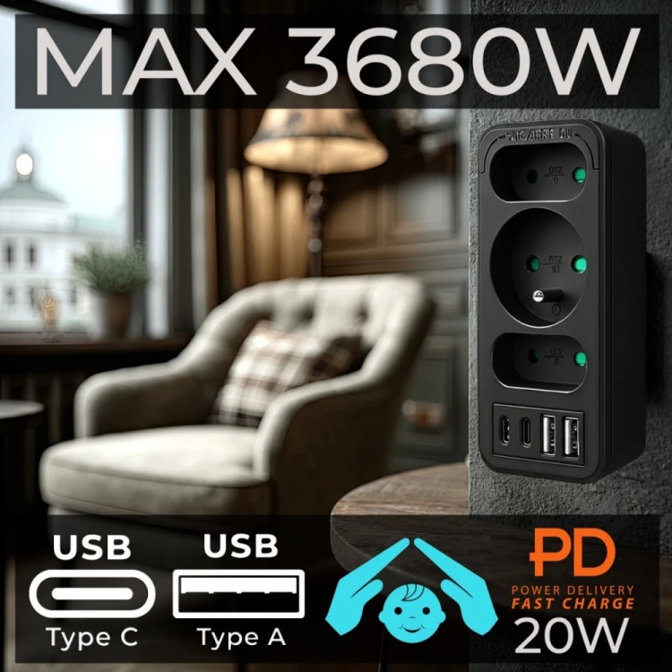 Maclean Rozdzielacz na 3 gniazdka MCE248 F/B 2xUSB-A 2xUSB-C czarny