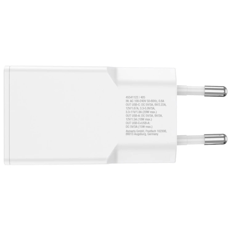 4smarts Ładowarka sieciowa PDPlug 20W GaN + USB-C + USB-A + kabel USB-C  1,5m Biała