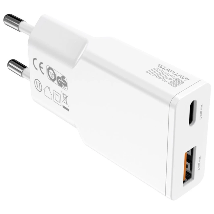 4smarts Ładowarka sieciowa PDPlug 20W GaN + USB-C + USB-A + kabel USB-C  1,5m Biała