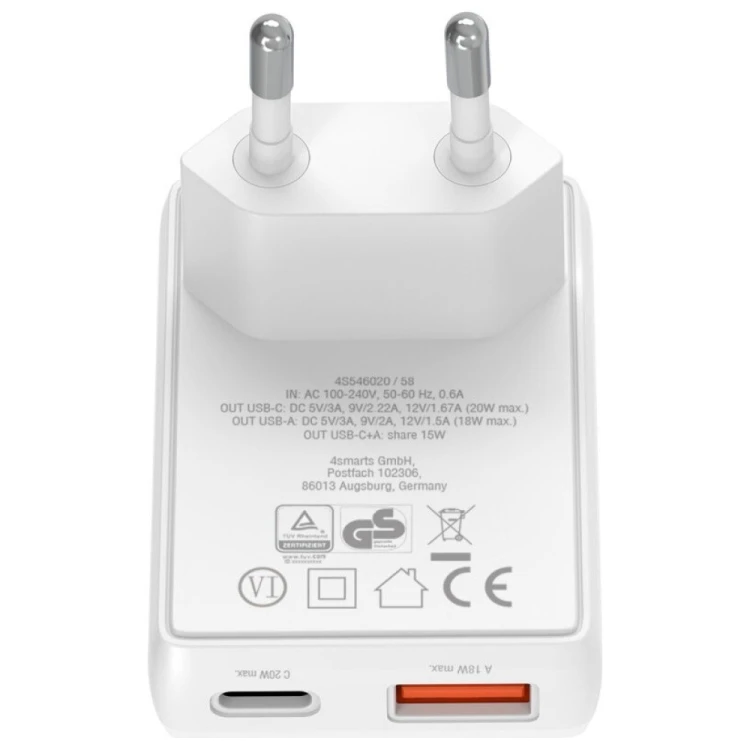 4smarts Ładowarka sieciowa FlatPlug Duos 20W USB-C + USB-A Biała