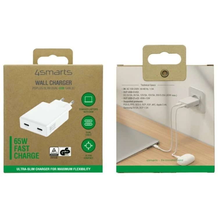 4smarts Ładowarka sieciowa PDPlug 65W GaN 2xUSB-C Biała
