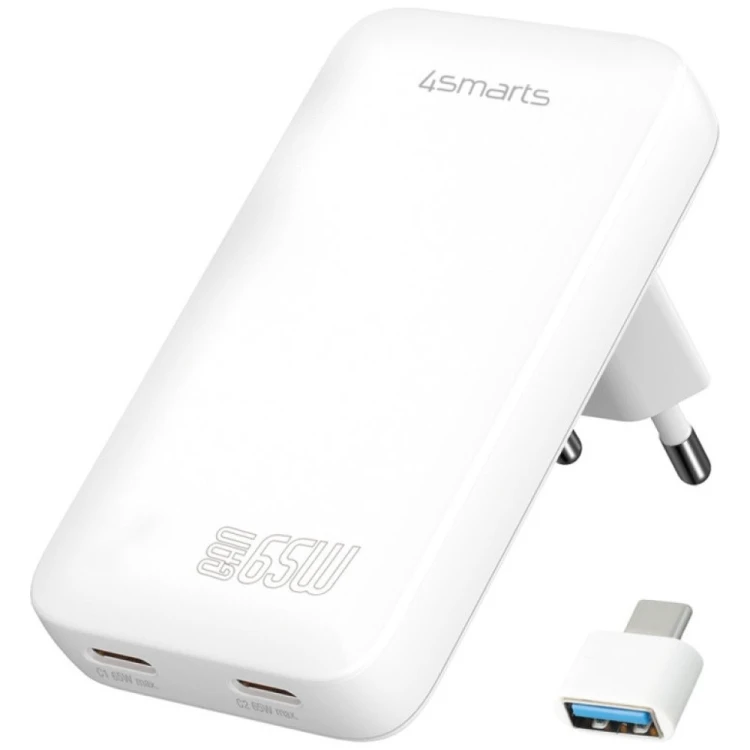 4smarts Ładowarka sieciowa FlatPlug 65W GaN Dual 2xUSB-C Biała