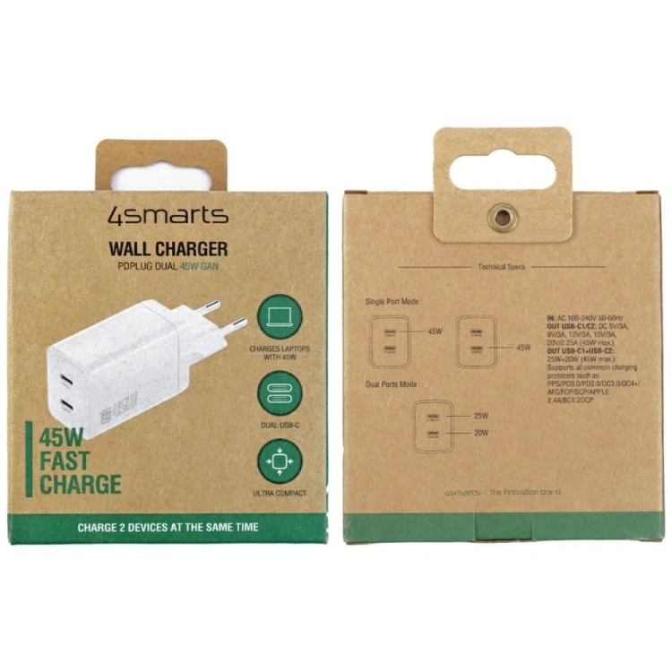 4smarts Ładowarka sieciowa PDPlug Dual 45W 2xUSB-C Biała