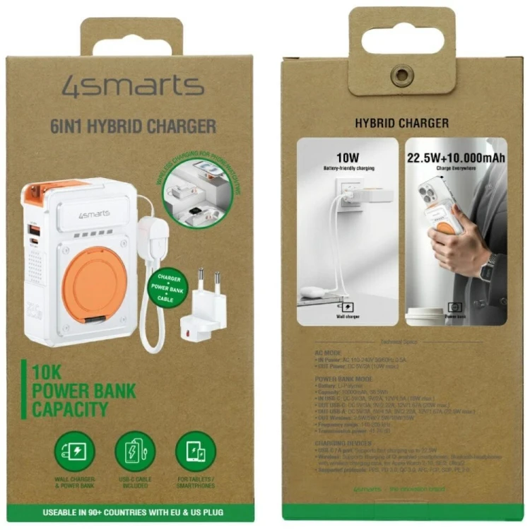 4smarts Ładowarka 6w1 Powerbank 10000mAh 22,5W Qi indukcyjne USB-C +     USB-A + kabel USB-C Biała