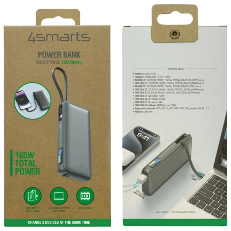 4smarts Powerbank Enterprise 20000mAh 165W z wbudowanym kablem USB-C LCD