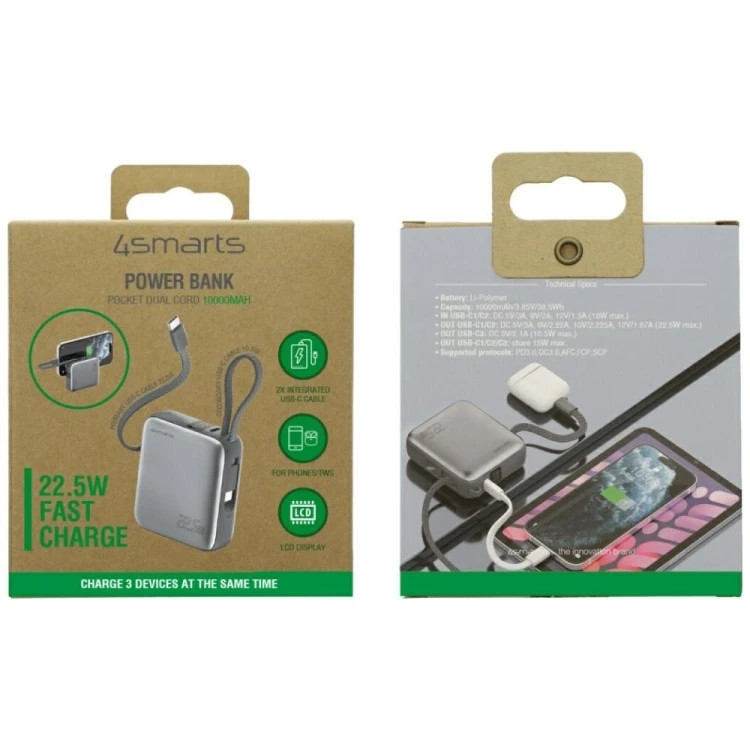 4smarts Powerbank Pocket Dual Cord 10000mAh 22,5W z wbudowanym kablem USB-C 15cm Szary