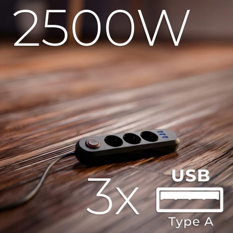 Maclean Listwa zasilająca MCE394 B, 1,5m|3 gniazda + 3xUSB. 110-240V AC 50/60Hz, 2.1A max 2500W, czarna