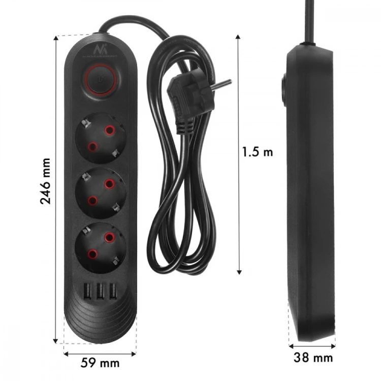 Maclean Listwa zasilająca MCE394 B, 1,5m|3 gniazda + 3xUSB. 110-240V AC 50/60Hz, 2.1A max 2500W, czarna
