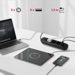 Maclean Listwa zasilająca MCE394 B, 1,5m|3 gniazda + 3xUSB. 110-240V AC 50/60Hz, 2.1A max 2500W, czarna