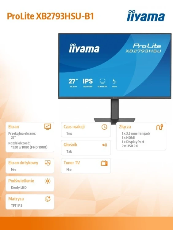 IIYAMA Monitor 27 cali XB2793HSU-B1 IPS, HDMI, DP, 2x2W, 2xUSB, 350cd, 1500:1, HAS 150/PIVOT