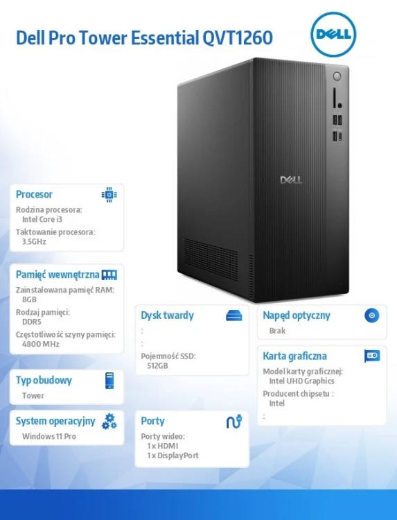 Dell Komputer Dell Pro Tower Essential QVT1260 Win11Pro i3-14100/8GB/512GB SSD/Intel UHD 730/WLAN+BT/Kb/Mouse/3YPS