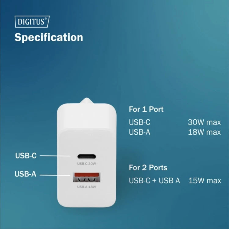 Digitus Ładowarka sieciowa GaN II 30W | 1x USB-C, 1x USB-A | PD 3.0, QC 3.0 | Biała