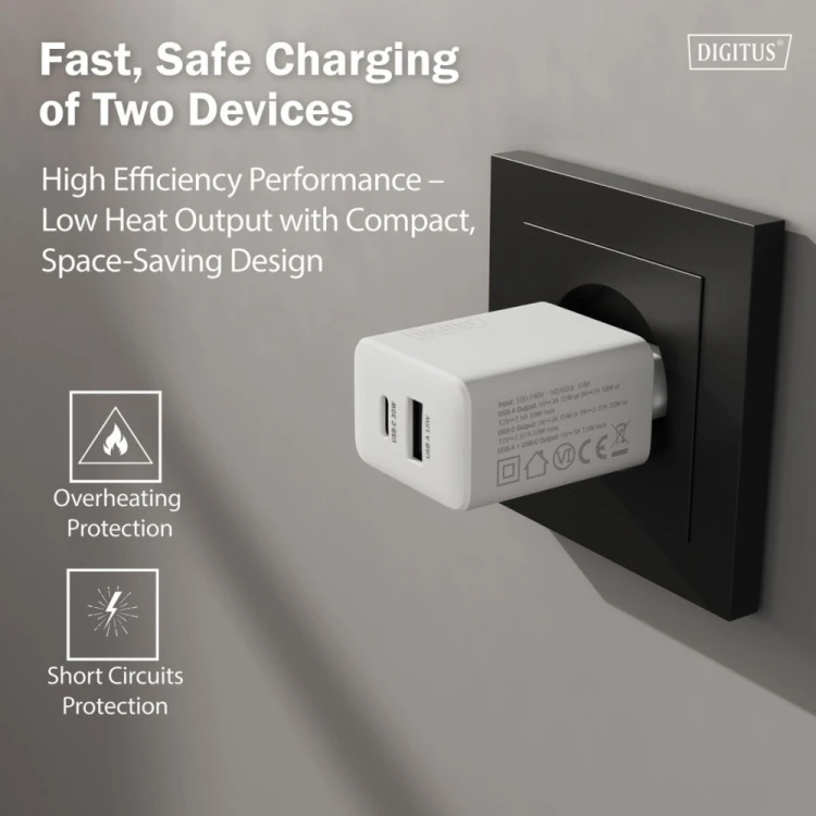 Digitus Ładowarka sieciowa GaN II 30W | 1x USB-C, 1x USB-A | PD 3.0, QC 3.0 | Biała