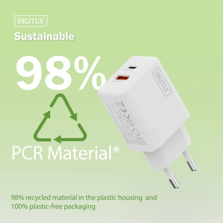 Digitus Ładowarka sieciowa GaN II 30W | 1x USB-C, 1x USB-A | PD 3.0, QC 3.0 | Biała