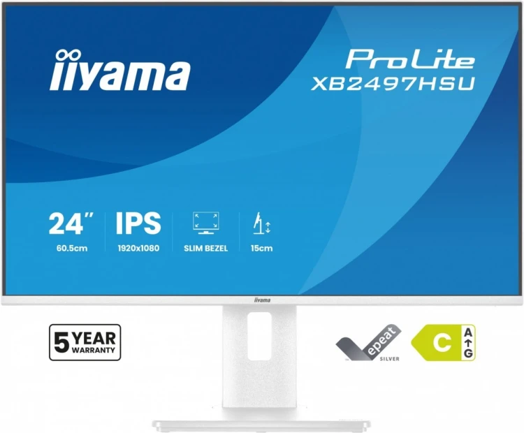 IIYAMA Monitor ProLite 23.8 cala XB2497HSU-W1  IPS,FHD,HDMI,DP,120Hz,350CD,2xUSBv3.2, 2xUSB-C, GW 5lat, HAS 150/PIVOT, BIAŁY
