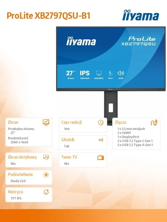IIYAMA Monitor ProLite  27 cali XB2797QSU-B1 IPS,QHD,2xHDMI,DP,350cd,75Hz,1000:1,     USB HUB,x4 ((2x Type-A v.3.2 Gen 1 (5Gbps, 4.5W) 2x Type-C (5Gbp