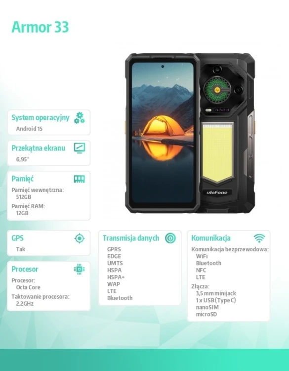 ULEFONE Smartfon Armor 33 4G 12/512GB IP69K Czarny