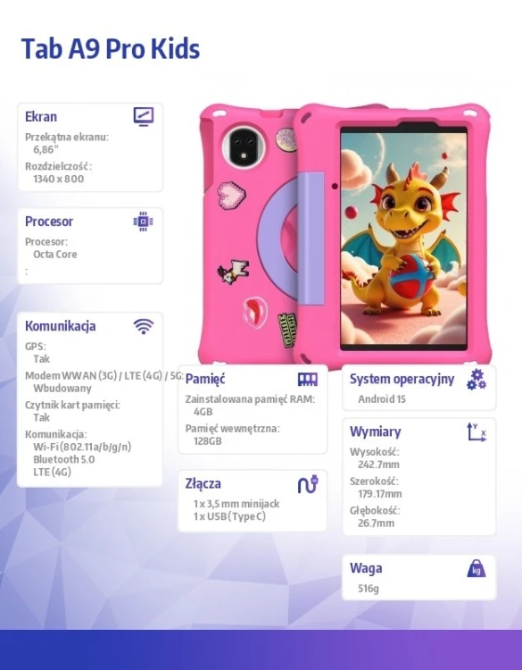 ULEFONE Tablet Tab A9 Pro Kids 4G 8" 4/128GB z etui dla dzieci różowy