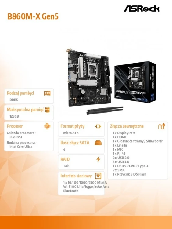 ASRock Płyta główna B860M-X GEN5 Wi-Fi s1851 2DDR5 mATX