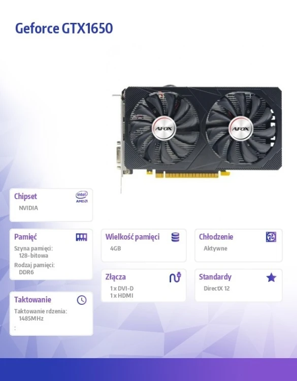 AFOX Karta graficzna - Geforce GTX1650 4GB GDDR6 128Bit DVI HDMI ATX Fan V6