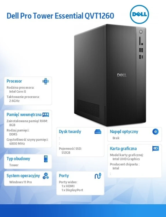 Dell Komputer Dell Pro Tower Essential QVT1260 Win11Pro i5-14500/8GB/512GB SSD/Intel UHD 730/WLAN+BT/Kb/Mouse/3YPS