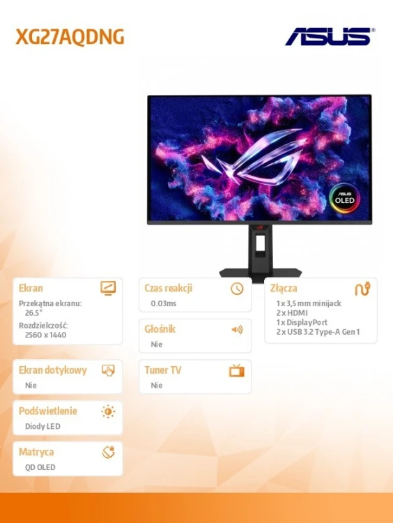 Asus Monitor 26.5 cala XG27AQDNG OLED 360Hz 0.03MS DP, 2HDMI, 2USB