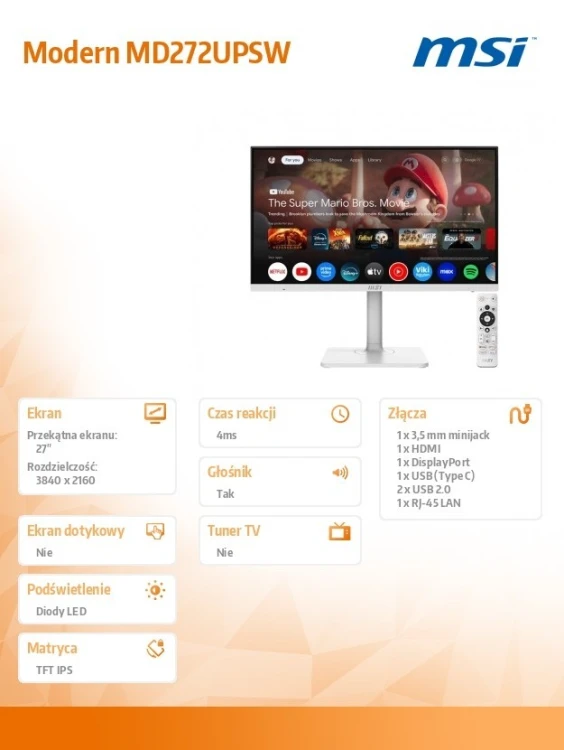 MSI Monitor 27 cali Modern MD272UPSW LED/UHD/Flat/60Hz/biały