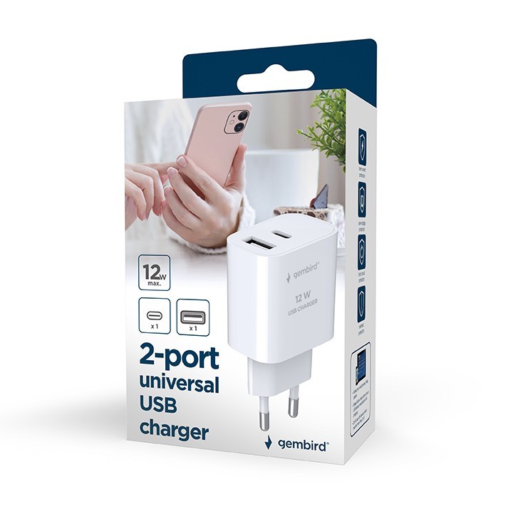 Gembird Ładowarka uniwersalna USB 2-portowa (A+C), 2.4 A, biała