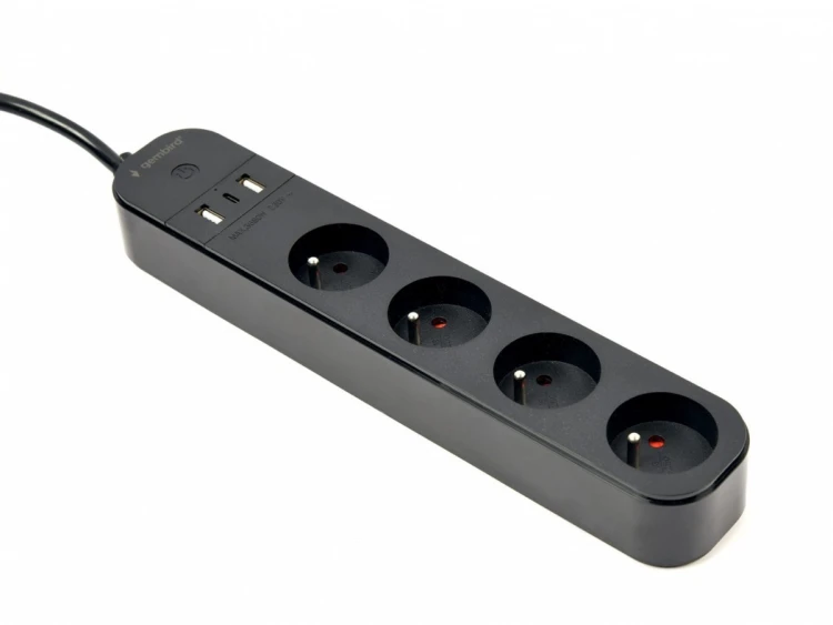 Gembird Inteligentna listwa zasilająca Tuya 4xFR 2xUSB-A 1xUSB-C Czarna