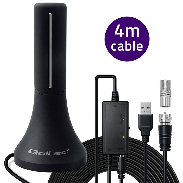 Qoltec Wewnętrzna antena DVB-T/T2 | wzmacniacz sygnału | 4K | wysoki zysk 32dBi | kabel 4m
