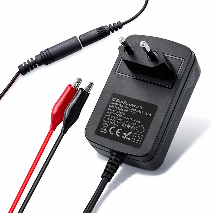 Qoltec Ładowarka do akumulatora AGM GEL STD | Prostownik 6V/12V | 6W |  5.5x2.1 | kabel 1.8m