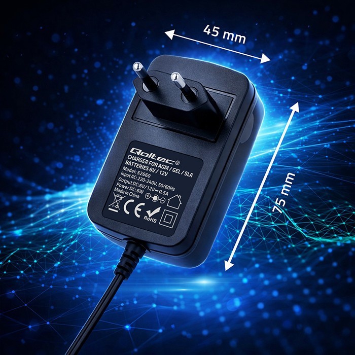 Qoltec Ładowarka do akumulatora AGM GEL STD | Prostownik 6V/12V | 6W |  5.5x2.1 | kabel 1.8m