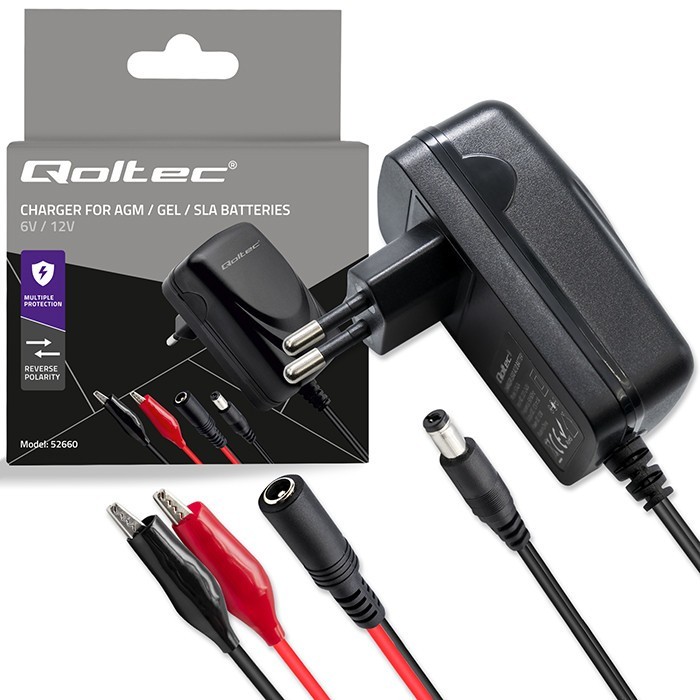Qoltec Ładowarka do akumulatora AGM GEL STD | Prostownik 6V/12V | 6W |  5.5x2.1 | kabel 1.8m