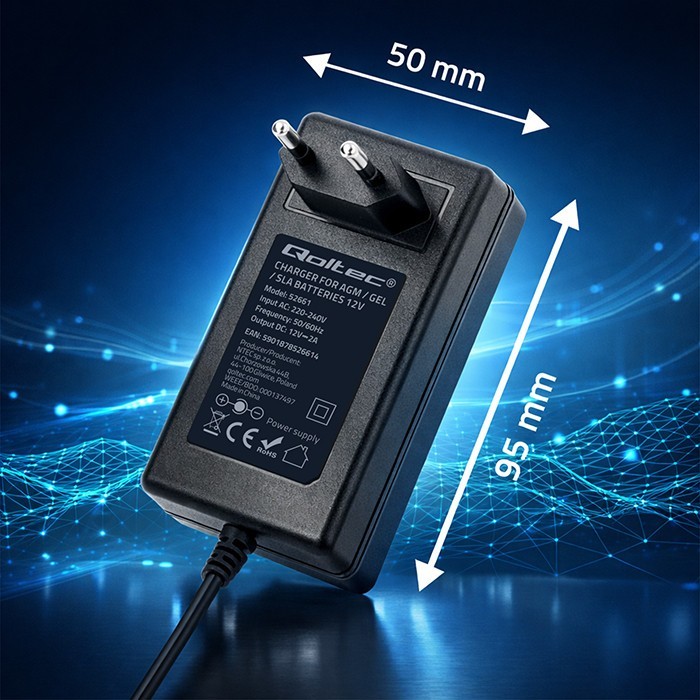 Qoltec Ładowarka do akumulatora AGM GEL STD | Prostownik 24V | 19.2W |  5.5x2.1 | kabel 1.8m