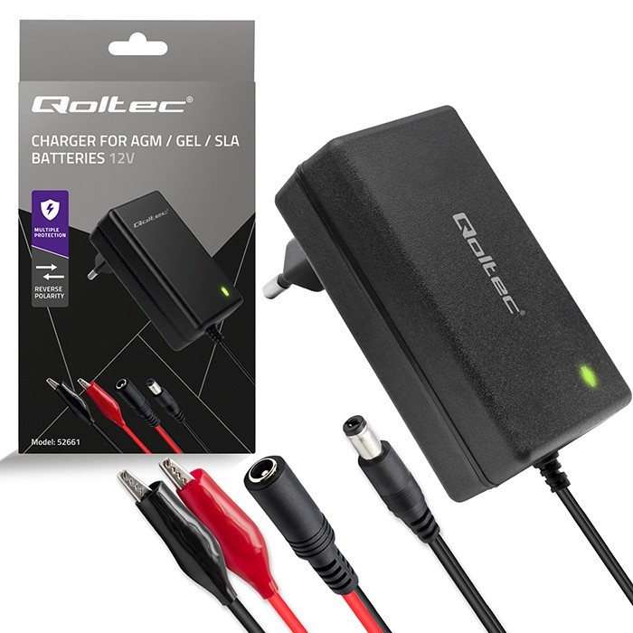Qoltec Ładowarka do akumulatora AGM GEL STD | Prostownik 24V | 19.2W |  5.5x2.1 | kabel 1.8m