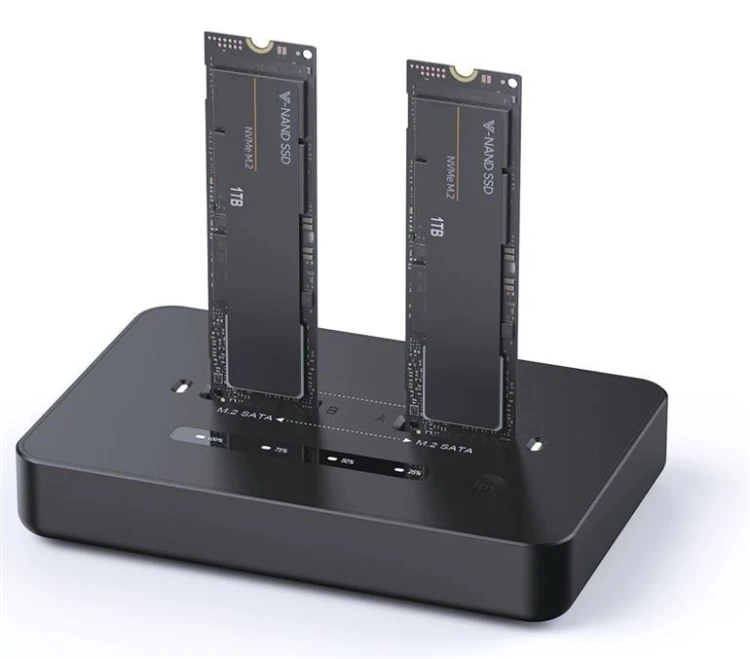 Gembird Stacja dokująca do komputerów stacjonarnych z dwoma dyskami SSD USB typu C, M.2 NVME (i SATA), czarna