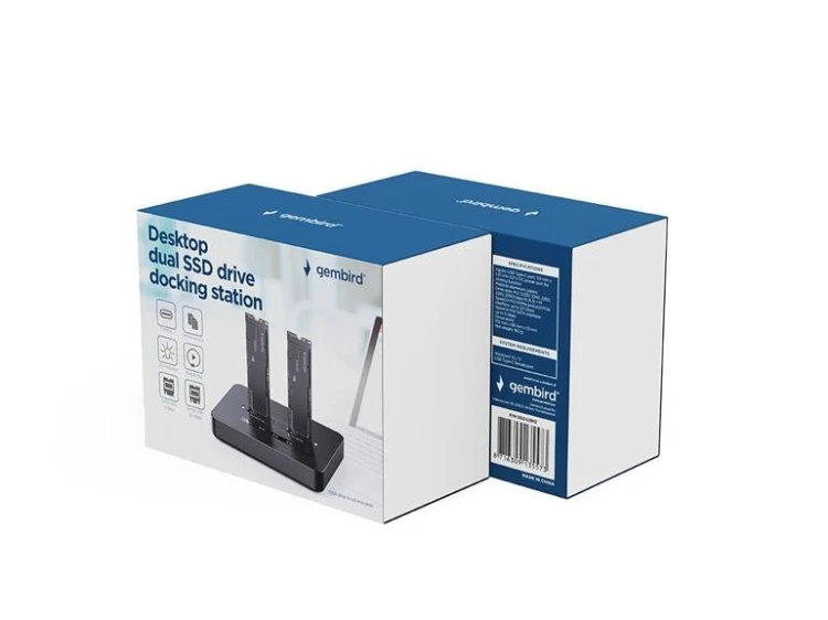 Gembird Stacja dokująca do komputerów stacjonarnych z dwoma dyskami SSD USB typu C, M.2 NVME (i SATA), czarna