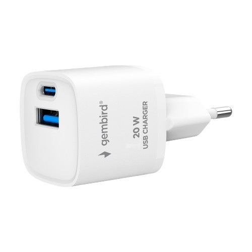 Gembird Szybka ładowarka USB z 2 portami i gniazdem AC, 20W, biała