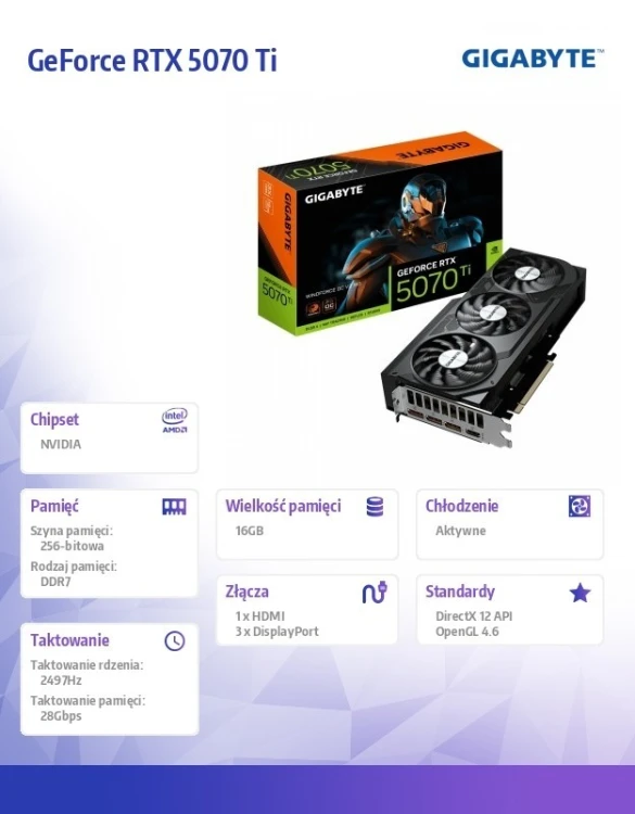 Gigabyte Karta graficzna GeForce RTX 5070 Ti WINDFORCE OC V2 16G 256BIT GDDR7