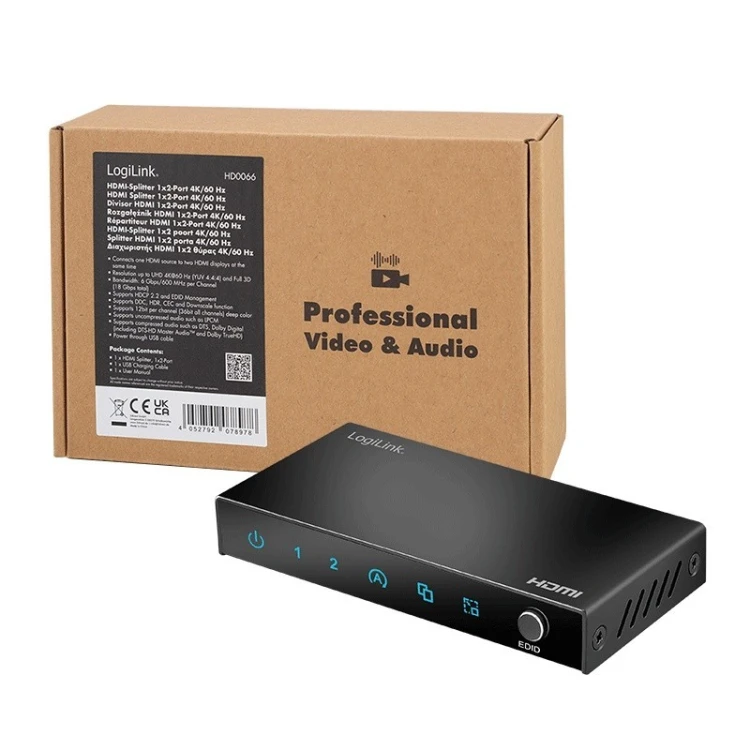 LogiLink Splitter HDMI, 1x2-Port 4K/60Hz