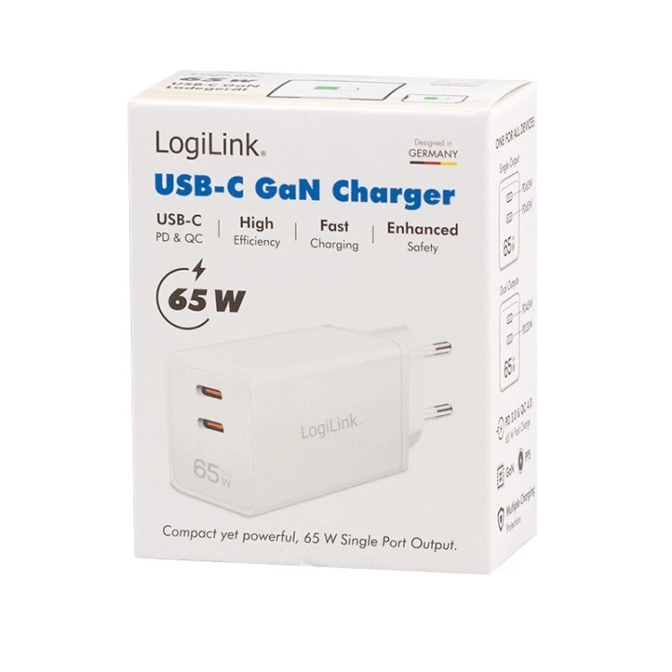 LogiLink Ładowarka sieciowa 2x USB-C, 65W, biała