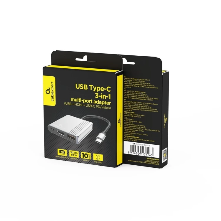 Gembird Adapter wieloportowy USB typu C 3 w 1 (port USB + HDMI +USB-C), gwiezdna szarość